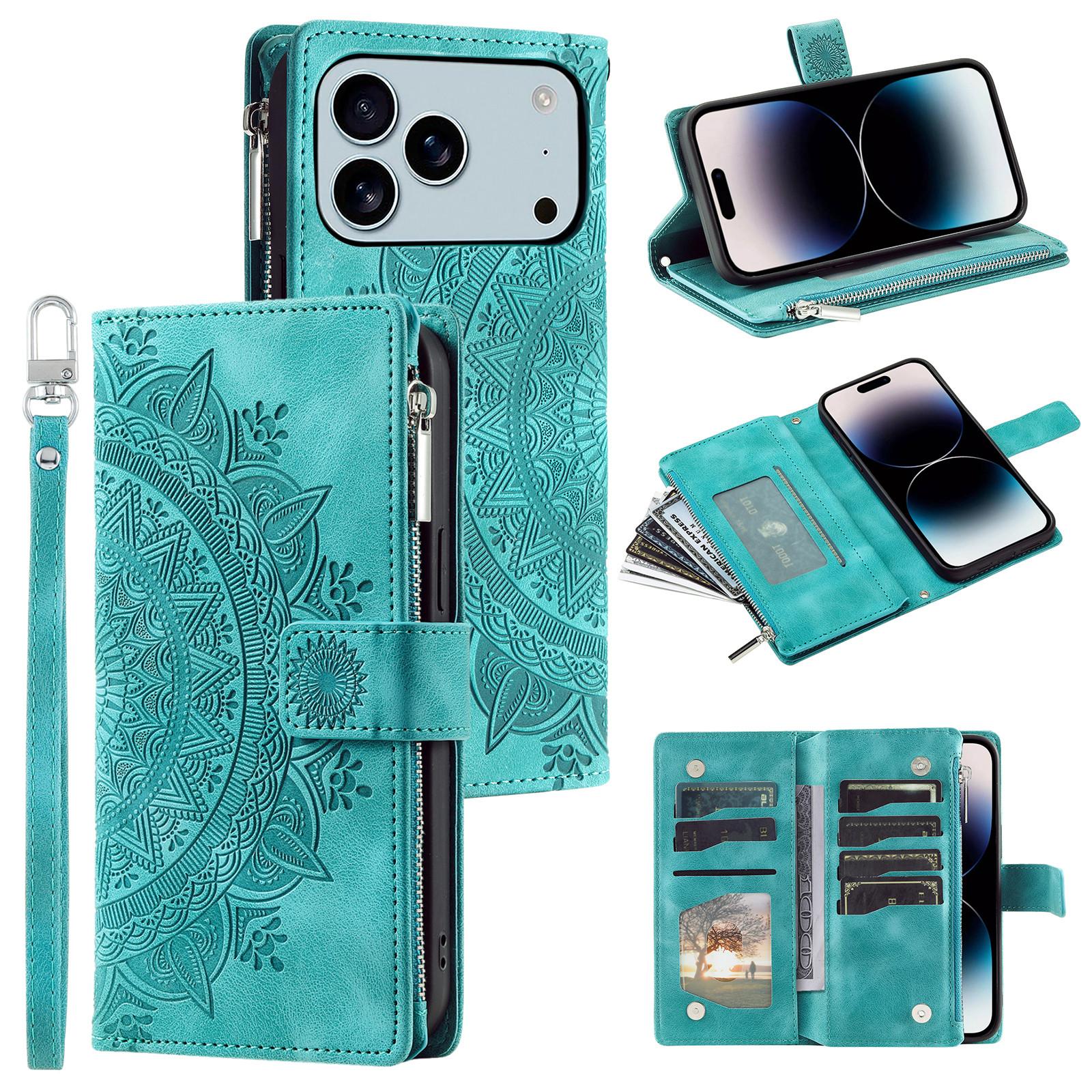 

For iPhone 17 Pro Max Wallet Case Mandala Flower Pattern PU Leather Phone Cover with Wrist Strap Mint Green
