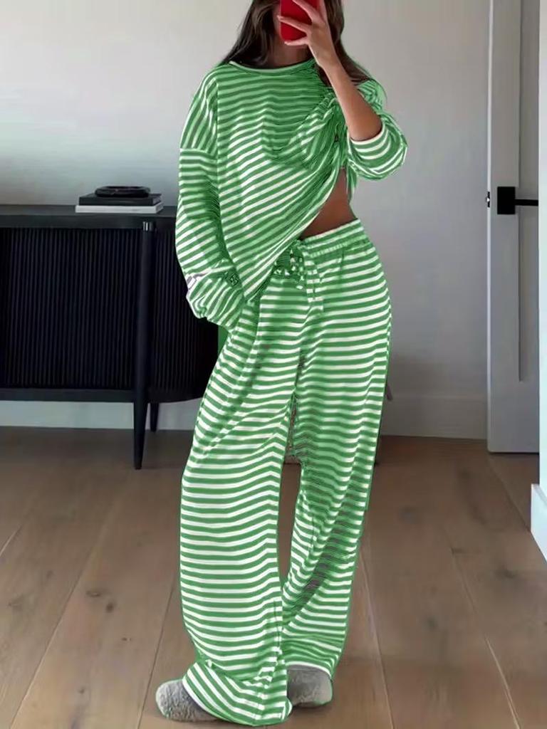 European-American Women's Striped Long Sleeve Top & High Waist Pants Set - Autumn 2025 Fashion Casual Wear.