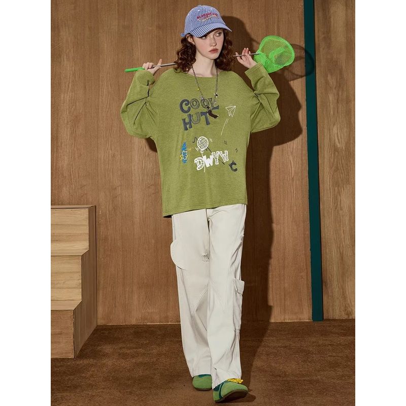 Coolhut Letter Print Casual Loose Fit Distressed Washed Graffiti Lazy Style