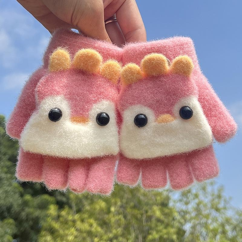 Children Five Finger Gloves Winter Boy Thickened Half Finger Mittens Girl Kid Knitted Mitten Winter Cartoon Warm Flip Gloves