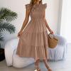 Spring and Summer Plain Color Wooden Earflap, Fluttering Sleeves, Gathered Waist, Long Skirt Women's Dress