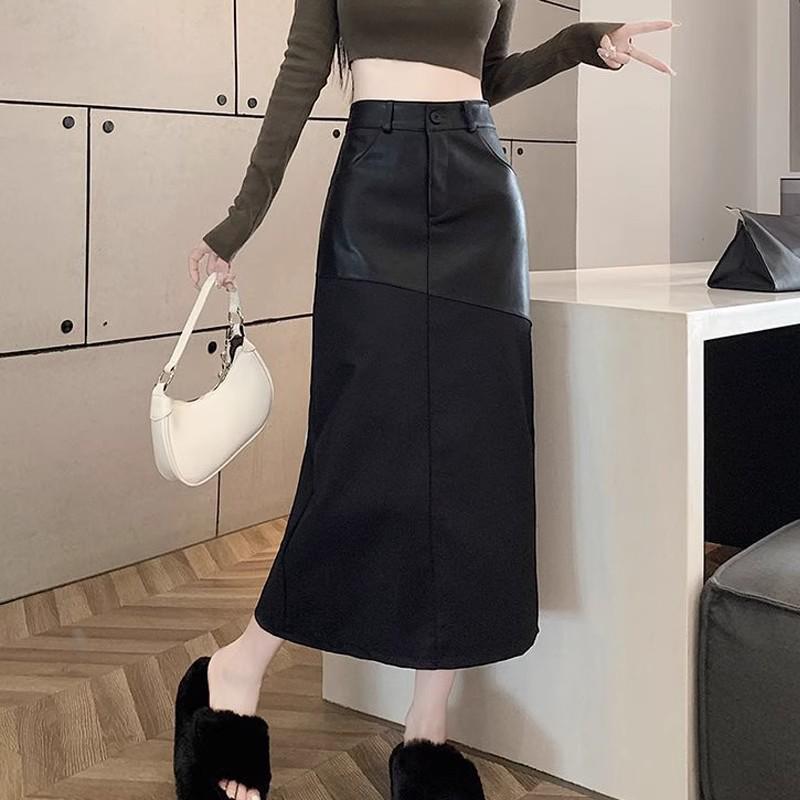 Women's Plus Size PU Leather Midi Skirt - High Waist, Back Slit, Casual A-line Pencil - Autumn/Winter 2025 Collection
