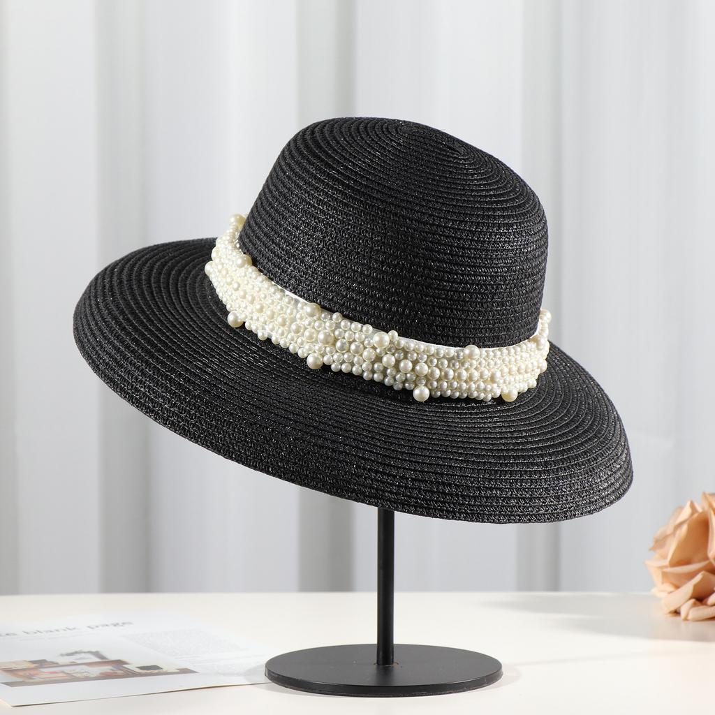 2025 New Summer Straw Hat Top For Women Fashion Pearl Hepburn Sun Hat Wide Brim Sun Protection Cap Vacation Beach Hat