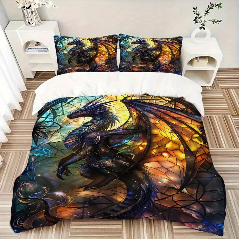 

3pcs Dragon StainedGlass Bedding Set Soft Polyester Down Comforter Cover and Pillowcases,Home Decoration All Seasons(No Insert) S0819102 135x200cm