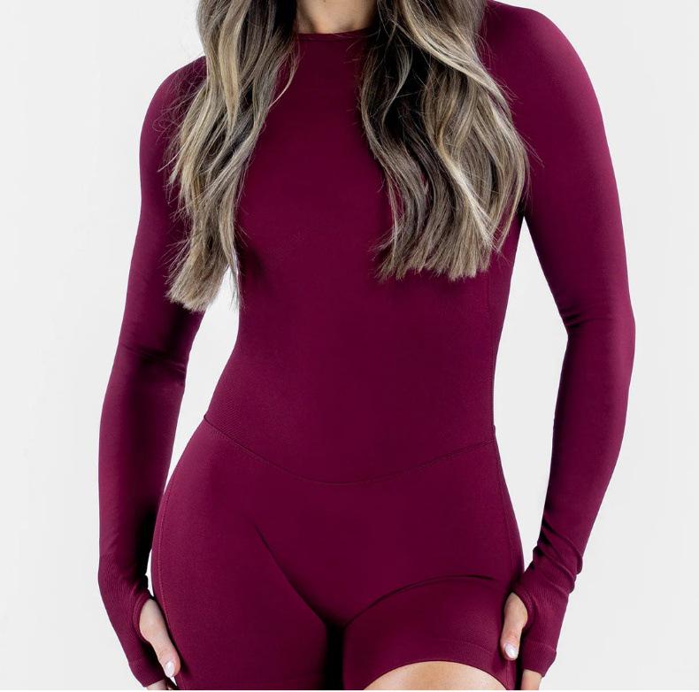 Women's Matte Long Sleeve Open-Back Yoga Jumpsuit with Shorts - Stylish Fitness Attire