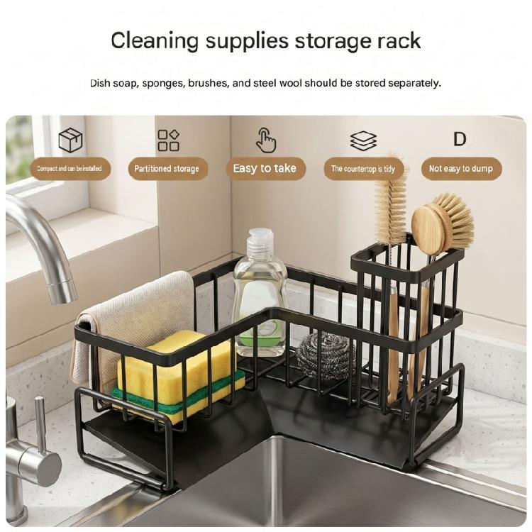 Cleaning Tool Storage Rack, L-Form Sink Corner Holder With Open Wire Baskets and Base Tray for Freestanding Sink-Side Storage for Daily Sink Cleaning