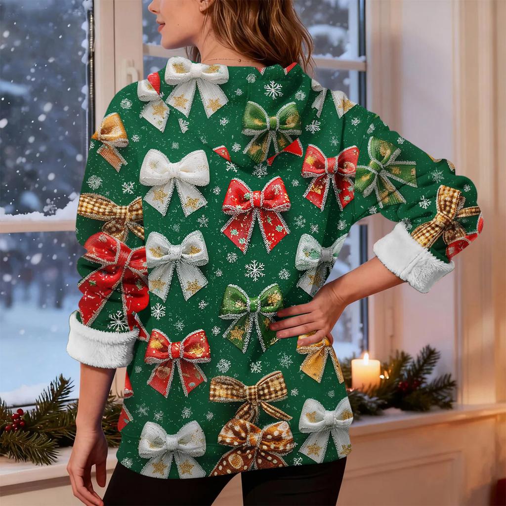 Women's Fashionable Casual Long-Sleeved Christmas Print Fleece-Lined Thick Hooded Sweatshirt