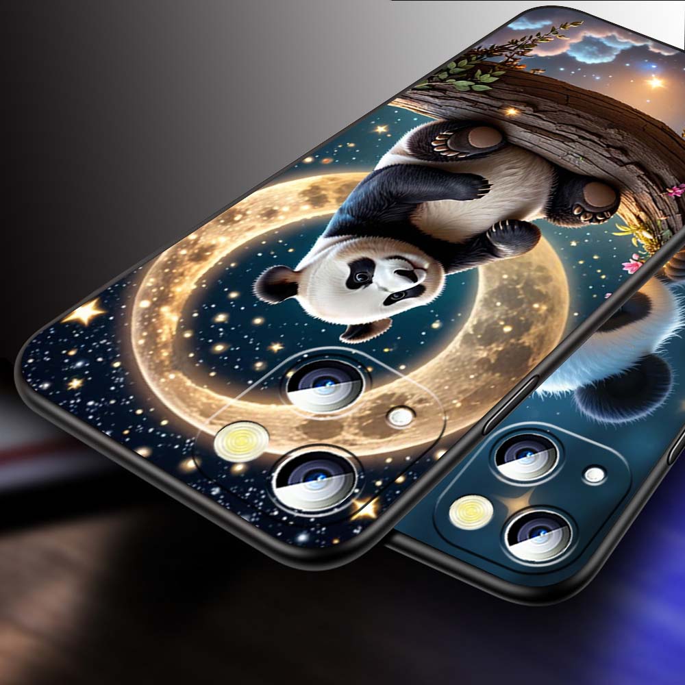 Cartoon Anime Panda Cute For Apple iPhone 17 16 16E 15 14 13 12 11 Pro Max Plus Black Soft Silicone Phone Case