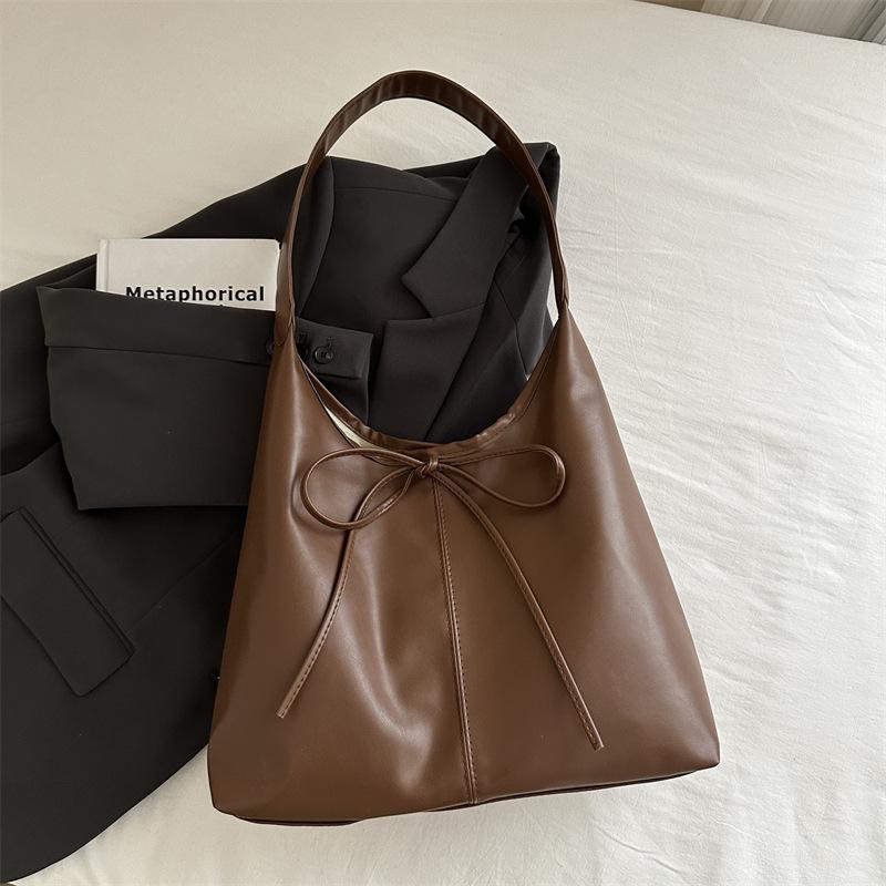 Casual Retro Large-Capacity Bow Solid Color Simple Purchase Fashion Class Commuter Shoulder Tote Bag
