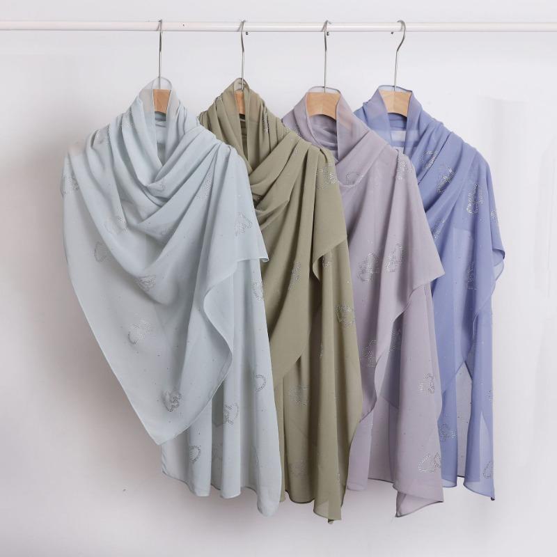 Chiffon Long Scarf Double Heart Rhinestone Ethnic Headscarf For Women