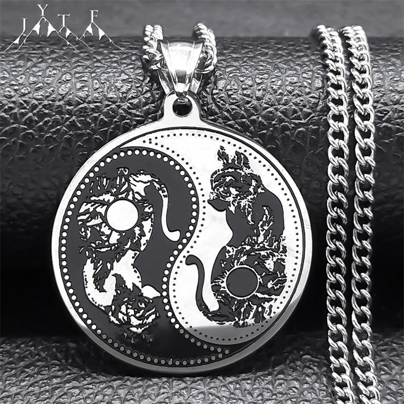 Yin Yang Cat Tai Chi Taoism Pendant Necklace for Women Men Stainless Steel Round Hip Hop Punk Chain Necklaces Jewelry N2521S05