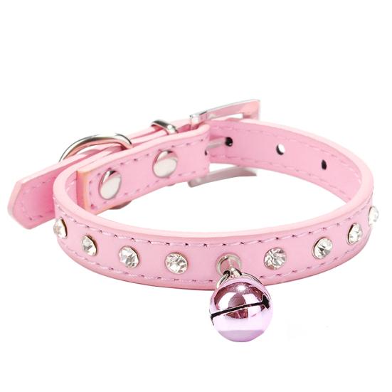 Adjustable Pet Dog Crystal Rhinestone Bell Collar Soft Faux Leather Neck Strap