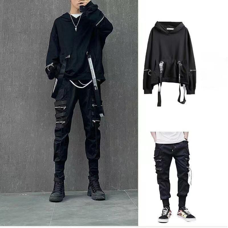 

Мужские комплекты Черные толстовки с капюшоном и штаны Панк-графика Свитшоты с капюшоном на молнии Брюки-карго Мужские свободные уличные костюмы больших размеров XS чёрный