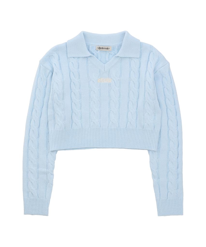 DELICCENT Crop Cable Collar Knit [Sky Blue]