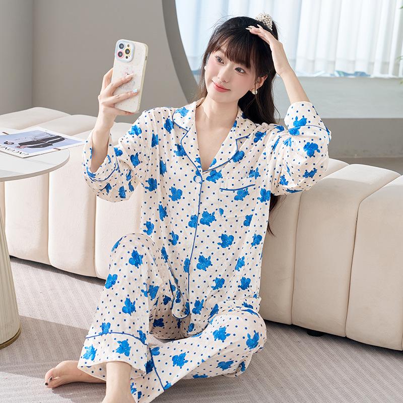 

Золотистый вельветовый мультяшный пижамный комплект в горошек для женщин - С длинным рукавом, Длинные брюки, Лацкан, Утепленная домашняя одежда (2025) XL синий