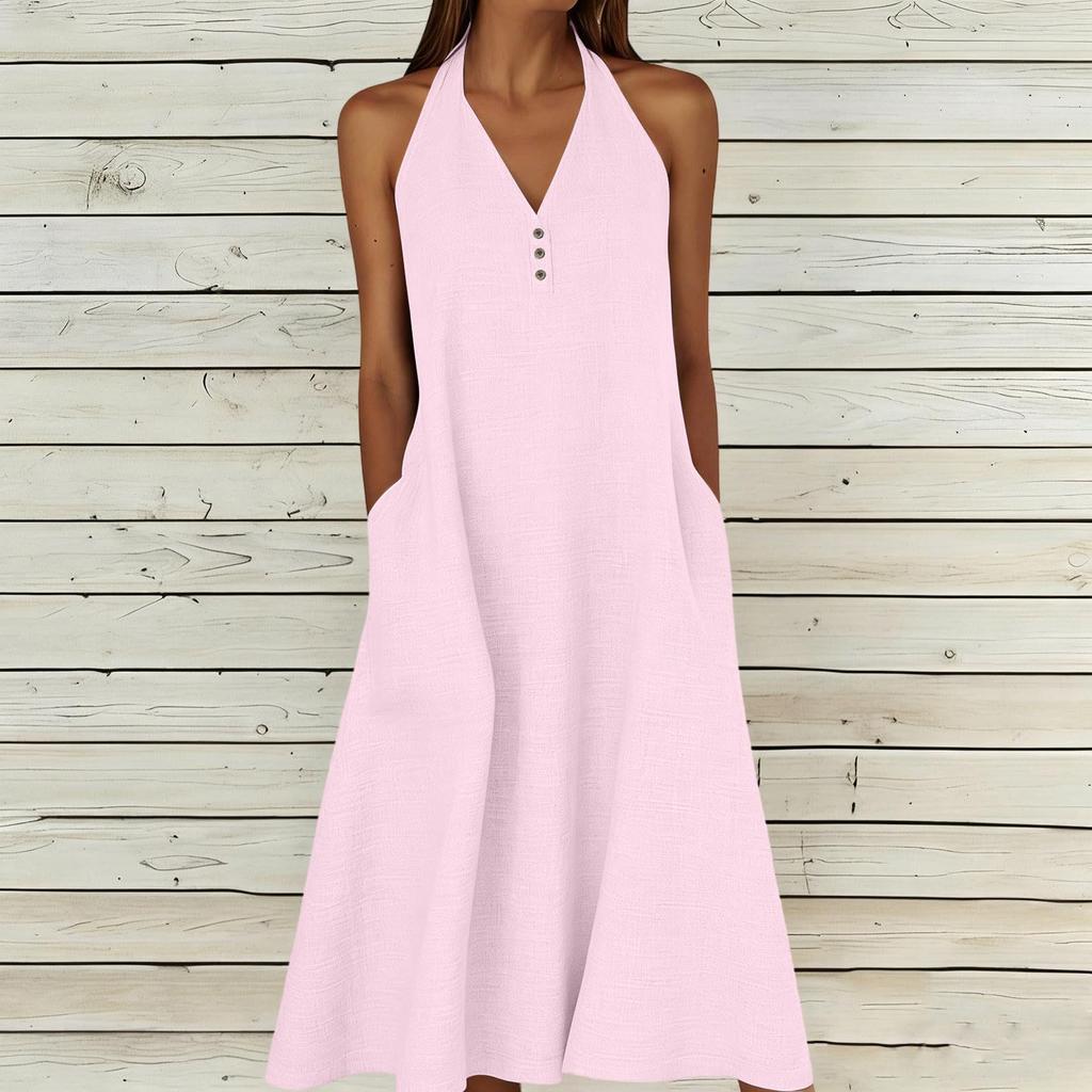 Fashion Women's Summer Dress Cotton Linen V-neck Backless Dress With Pockets Sun Skirt