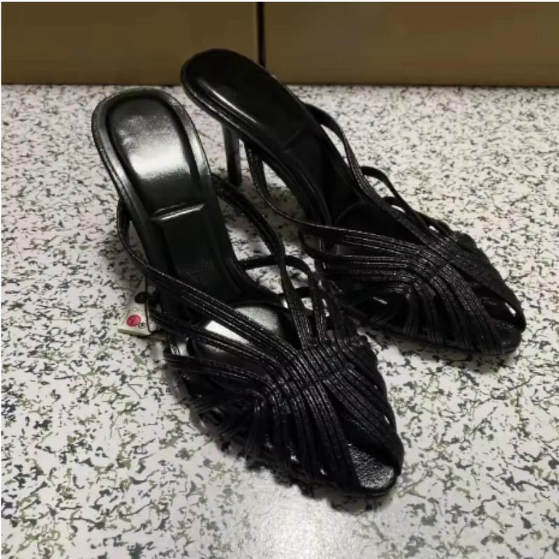 Fashion Fashion Hollow Gold Narrow Band High Heel Slipper Women Elegant Pointy Toe Thin Heel Brand Designer Shoe Sexy Banquet Dress Shoe