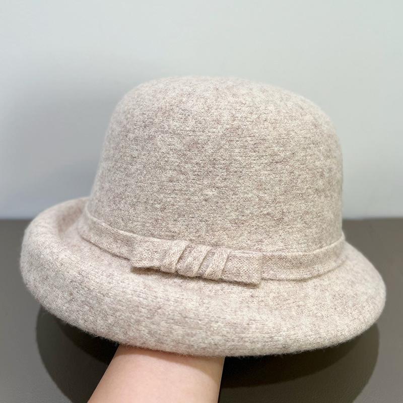 Korean Style Wool Felt Cloche Hat for Women - Retro Autumn/Winter Bow Fisherman's Hat