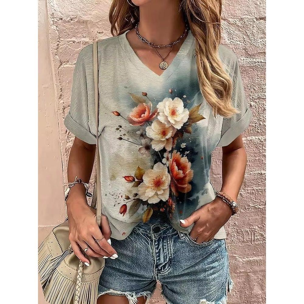 V-neck short sleeved T-shirt for summer, breathable and fashionable women's T-shirt