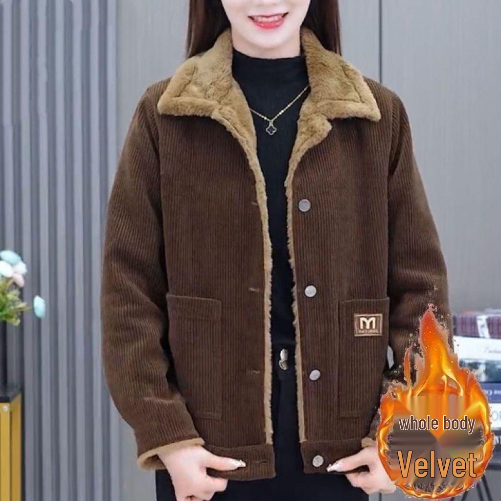 Women's Thickened Corduroy Jacket with Fleece Lining - Warm, Fashionable, Age-Reducing, Loose Fit, Slimming Long Sleeve Outerwear