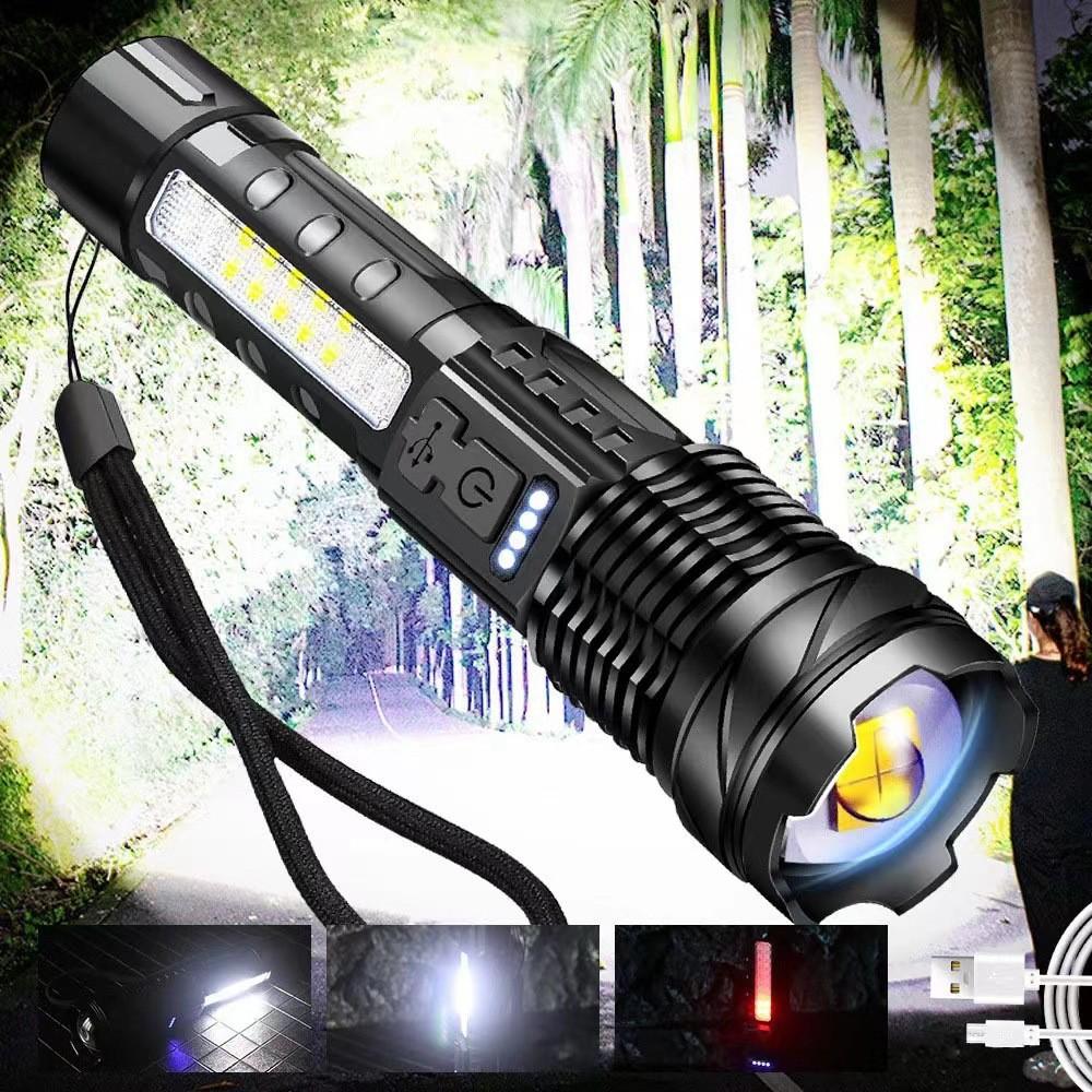 Strong Led Rechargeable Flashlight With Cob Work Light For Camping And Emergency Use