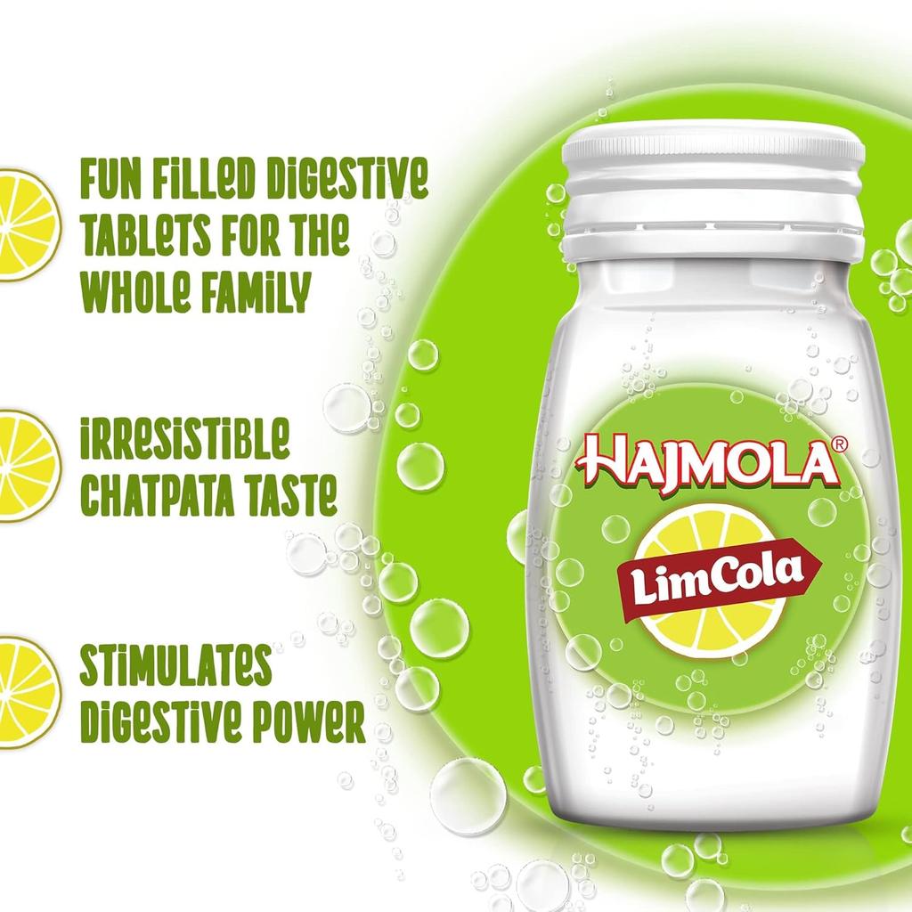 Dabur Hajmola Limcola Digestive Tablets 120 Tabs – Tangy Lemon Flavor for Natural Digestion Support, Relieves Constipation, Refreshing Taste