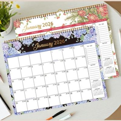 New 2026 Jan.- Dec. Wall Calendar 12-Month Spiral Binding Monthly Calendar Wall Mount Flower Pattern Hanging Calendar Home Use