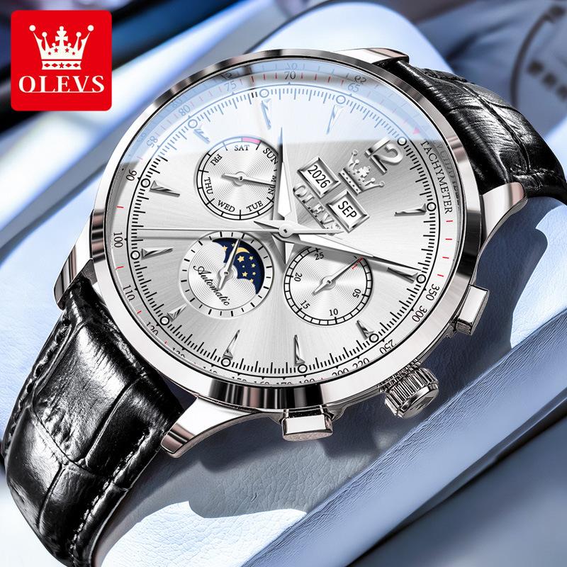 OLEVS Belt Perpetual Calendar Multi-function Moon Phase Mechanical Watch with Night Light for Men's Watch, Men's Timepiece