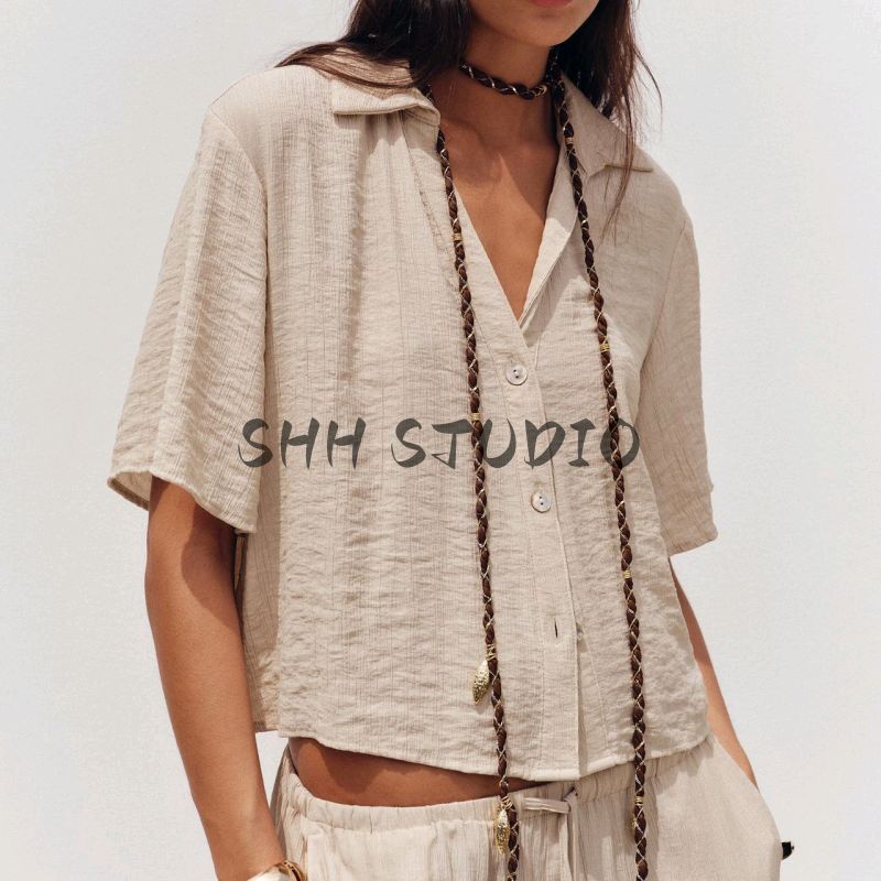 Honeycomb Plaid Short Sleeve Lapel Shirts 4387024 Series with Decoration Wide Leg High Waist Casual Trousers 4387022