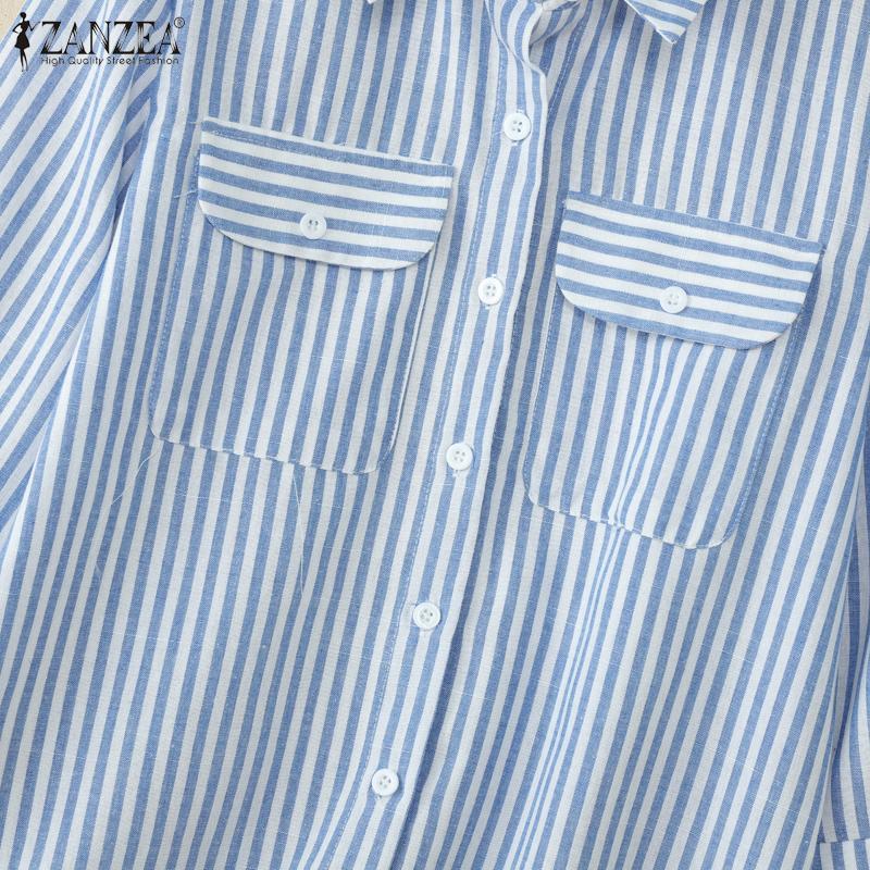 ZANZEA Women Turn Down Collar Loose Casual 3/4 Sleeve Stripe Blouse