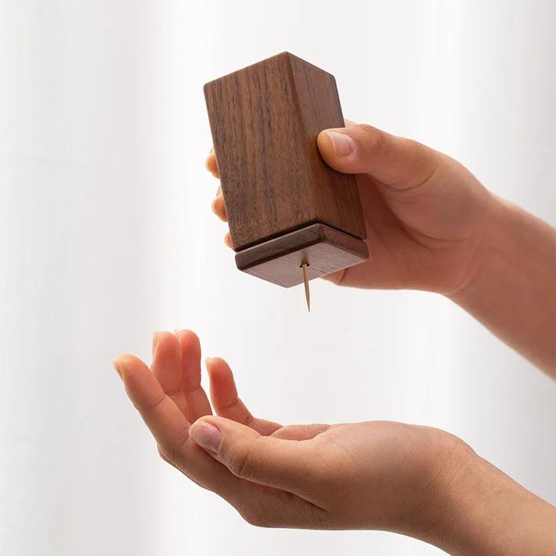Light Luxury Walnut Wood Toothpick Box Creative Chinese Style Magnetic Suction Toothpick Tube Portable Storage Box Desktop Decor