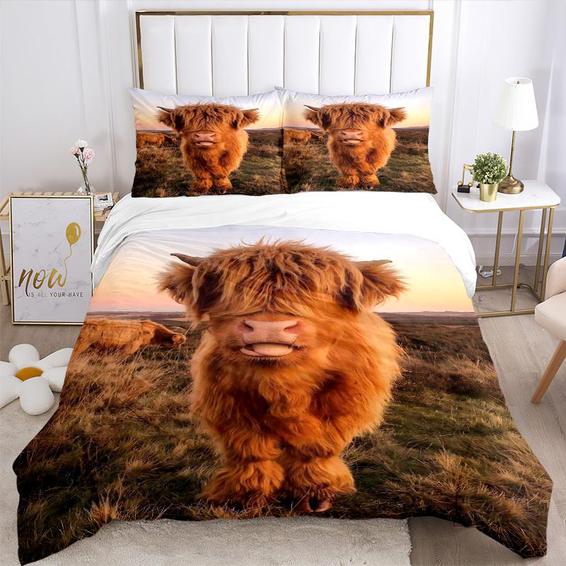 3pcs Highland Cow Bedding Set - Includes One Quilt Cover and Two Pillowcases (No Core) - Home Decor, Festival Gift, Polyester Fabric, Anime