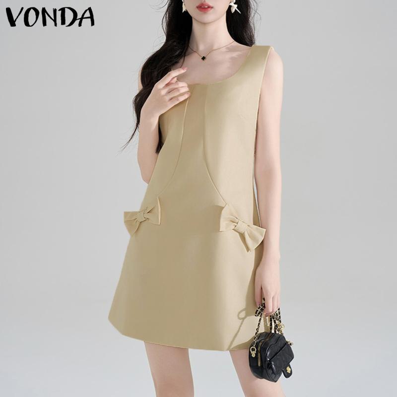 VONDA Women Sleeveless Side Zip-up Bow Knot Casual Mini Dress