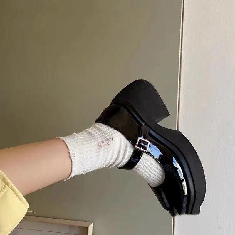 2025 new glossy platform Mary Jane shoes women's French thick high-heeled single shoes small height increase jk small leather shoes