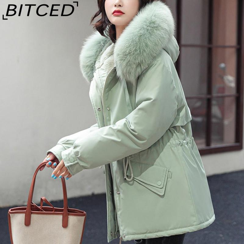 BITCED Women's Mid-Length Drawstring Cotton Coat with Fleece Lining Loose-Fit Puffer Jacket with Down-Fill Cotton Padding Winter Outerwear