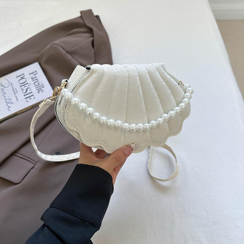 Sweet Simple Flap Shell Shoulder Bags for Women Portable Ladies Crossbody Bag Solid Color Female Pearl Chain Handbags Purse