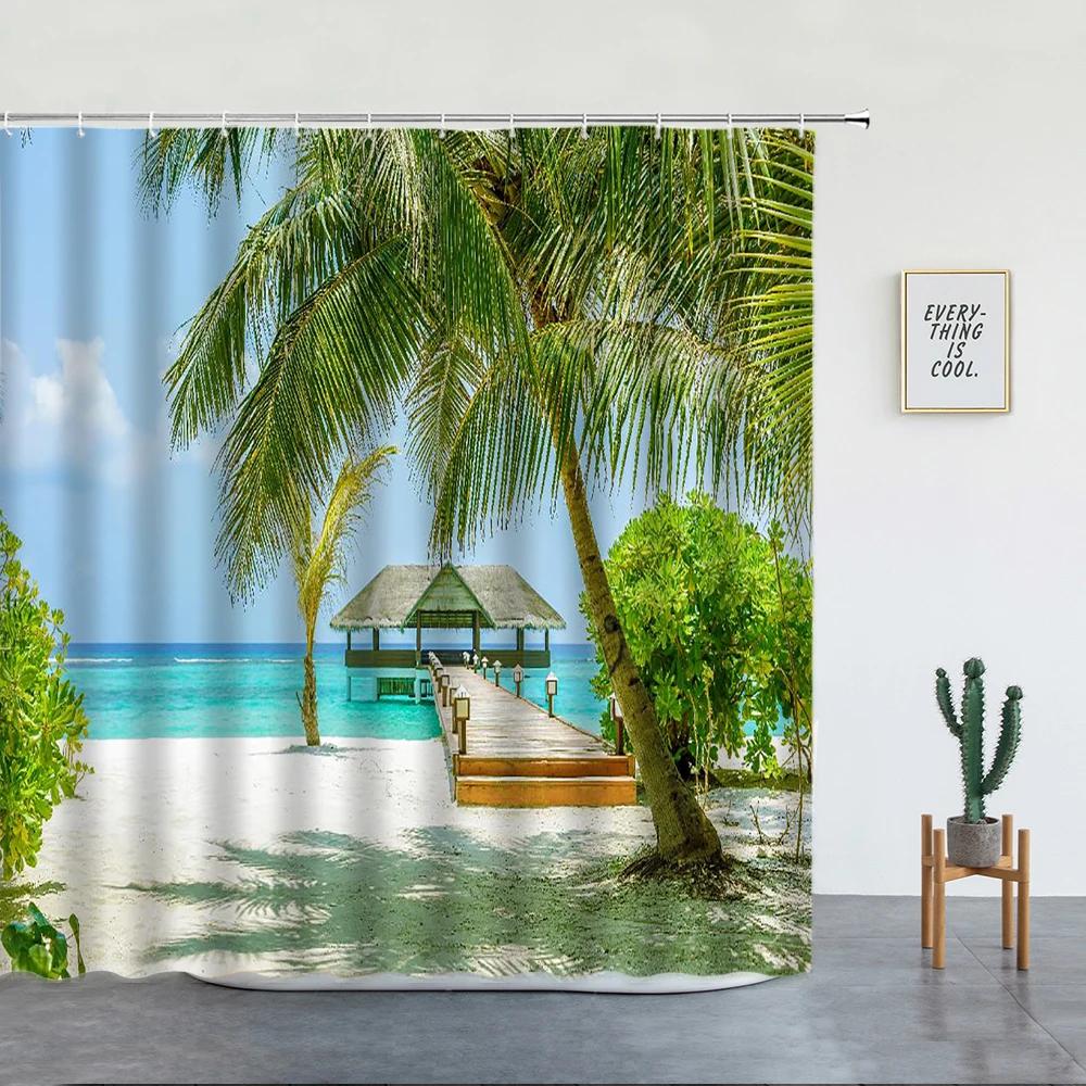 Beach Palm Trees Shower Curtains Sunset Island Hawaii Ocean Natural Landscape Polyester Bathroom Decor Cloth Bathtub Curtain Set