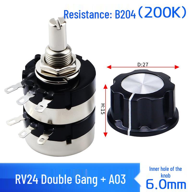 Dual-Gang Carbon Film Potentiometer: RV24YG20S, Variable Frequency Speed Control with B102/202/502 Knob Scale, Available In 5K/20K Ohm.