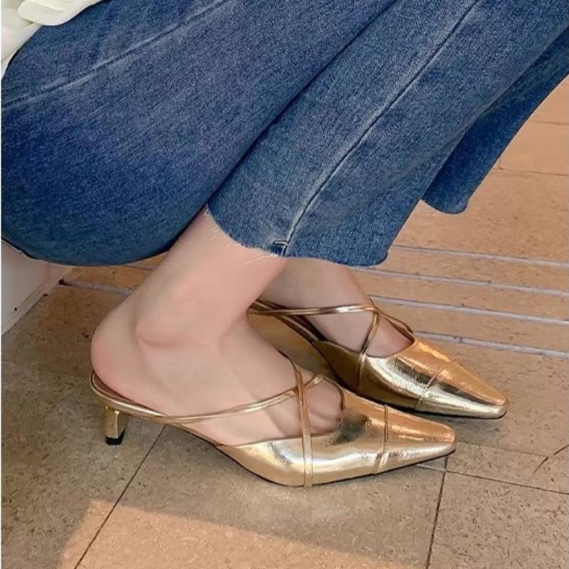 

Мода 2025 Новые Женские Тапочки Модные Серебристые Мюли Летние Сандалии Туфли-лодочки Средний Каблук Слайды Шпильки Вечеринка Слингбэки 39 золотой