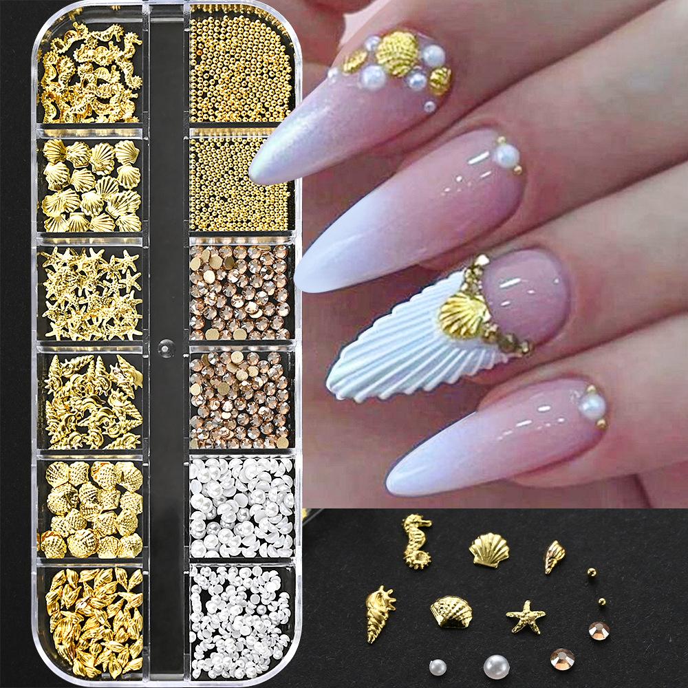 12 Grid 3D Beads Rhinestone Ocean-Inspired Nail Art Charms Alloy Shell Abalone Seahorse Starfish Conch Faux Pearl Beads For Diy Manicure Nail Supplies