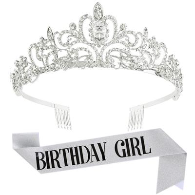 Fashion Crystal Crown Tiara Ribbon Etiquette Belt Set Bridal Crown Party Hair Accessories for Women