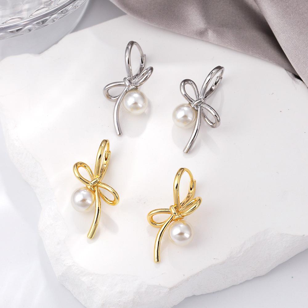 Luxury Asymmetrical Bow Pearl Earrings for Women - Ear Studs, Cuffs & Hoops for Round, Square Faces.