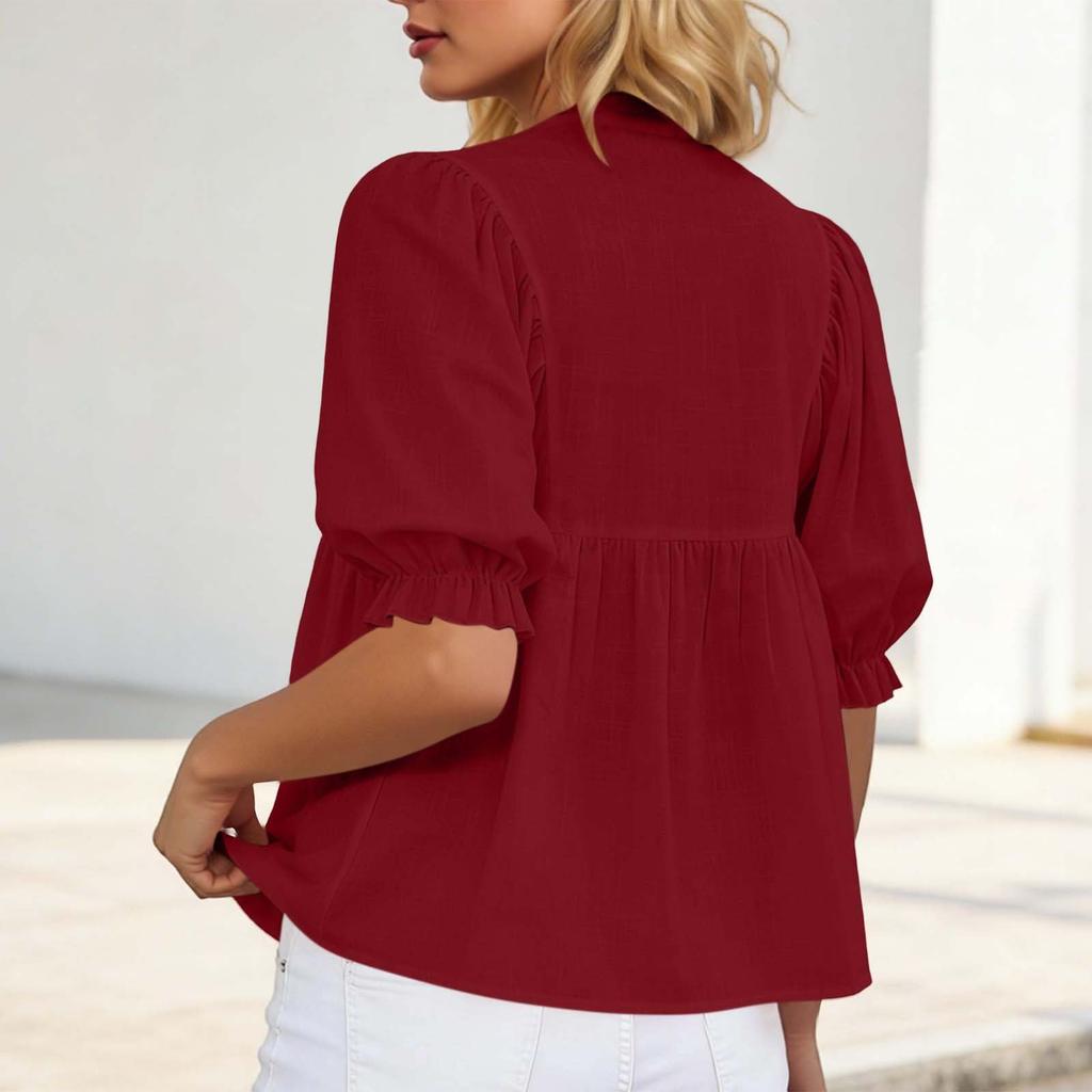 Womens Tops Half Puff Sleeve Shirts Cotton Ruffled Blouses Summer Button Up Blouses