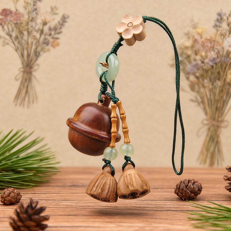 Green Sandalwood Lotus Pod Carved Keychain Pendant - Unscrewable Charm for Phones & Bags