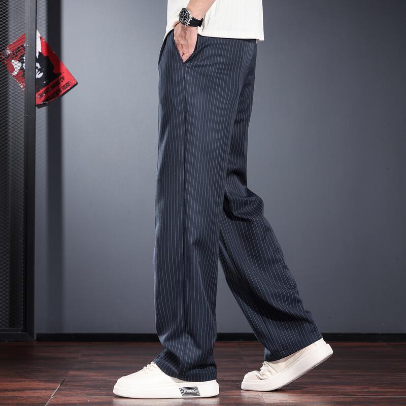 JieLeNuo Men's Striped Loose Straight-Leg Business Casual Trousers