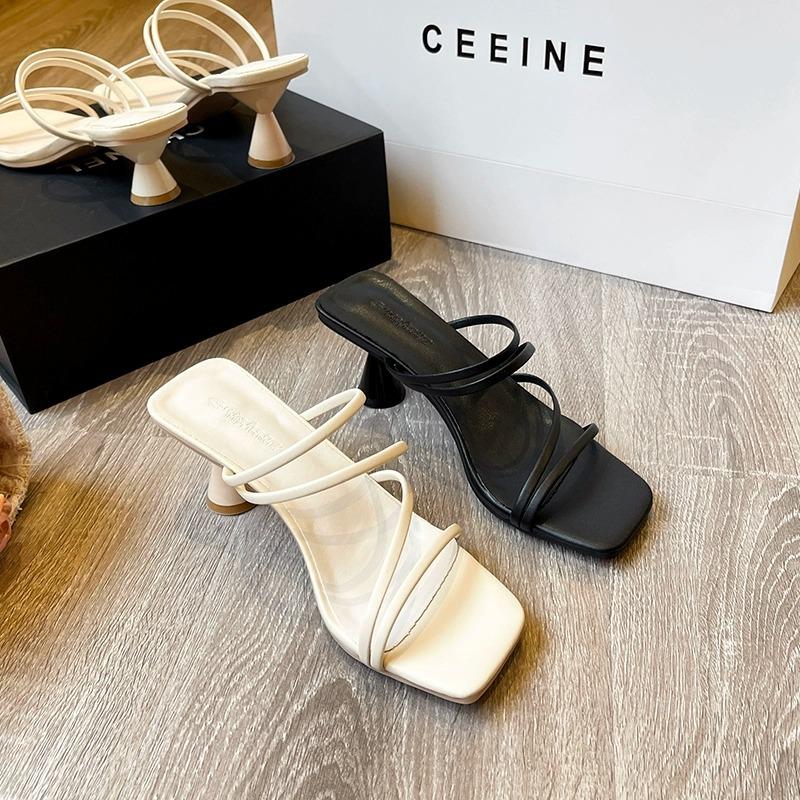 Zhike · Two Women Wearing Cool Slippers 2025 New Summer Mid-heel Thin Strap One-word Belt Versatile Fairy Style Sandals