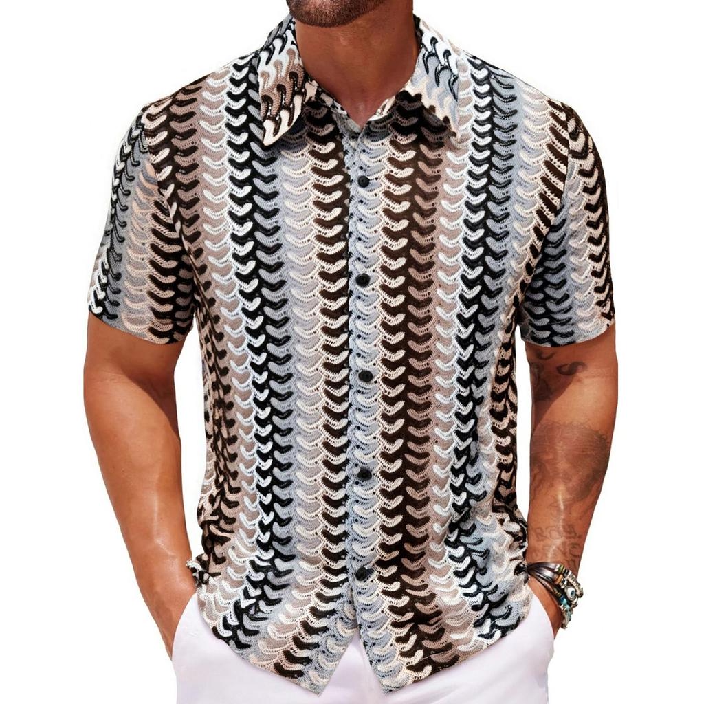 Men's Summer Sexy Cool Colorful Hollow Breathable Shirt Summer Casual Knitted Short-sleeved Lapel Shirt