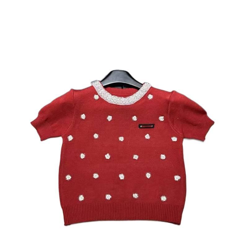 Miu-Style European High-Quality Early Spring 3D Floral Round Neck Knit Short-Sleeve Casual Pullover Top