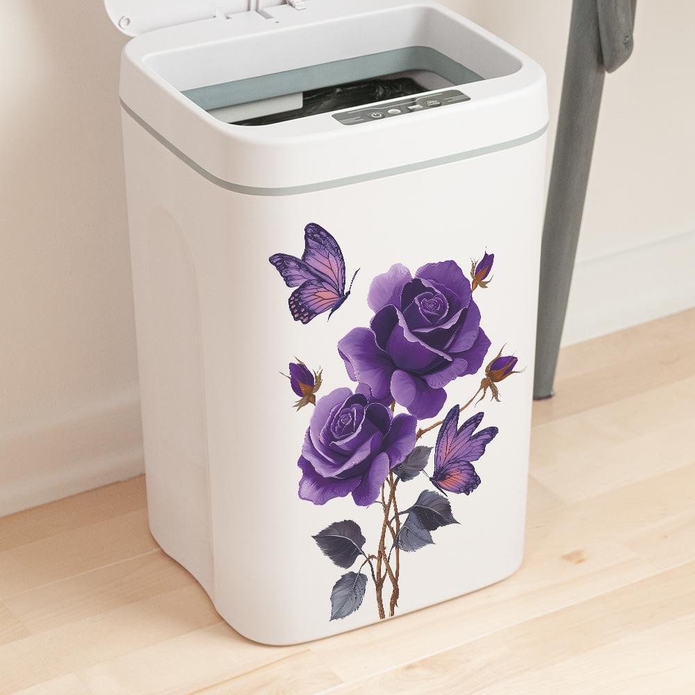 Vintage Hand Painted Purple Roses and Butterflies Toilet and Wall Sticker Set Waterproof Self-Adhesive Removable Decal for Bathroom WC Decoration