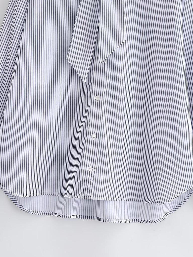 Spring 2026 European & American Style Stand Collar Striped Poplin Shirt with Scarf
